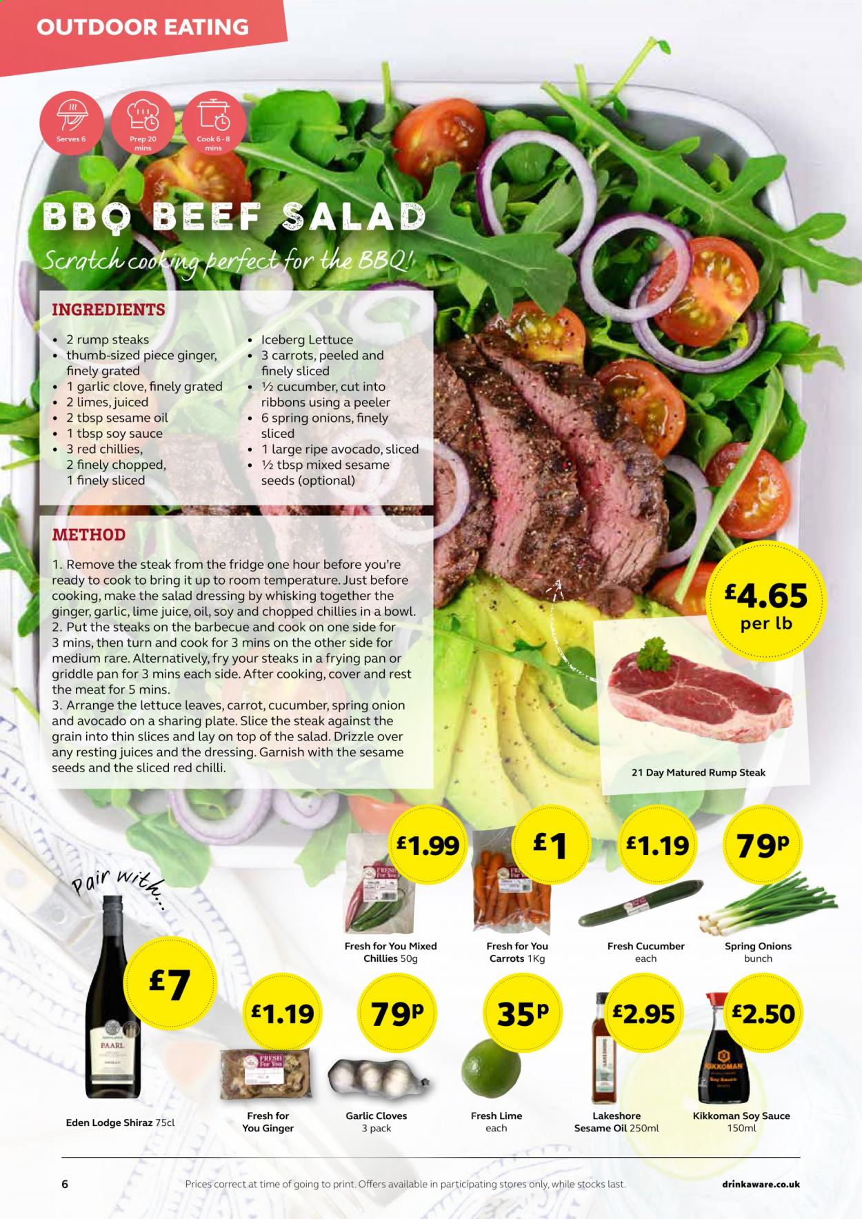 thumbnail - SuperValu offer  - Sales products - garlic, beef meat, steak, rump steak, cloves, salad dressing, soy sauce, Kikkoman, dressing, sesame oil, Shiraz, plate, pan, peeler. Page 6.