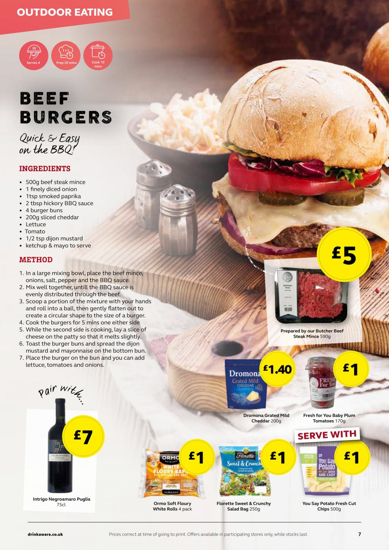 thumbnail - SuperValu offer  - Sales products - beef meat, beef steak, ground beef, steak, buns, burger buns, mild cheddar, BBQ sauce, mustard, ketchup, mixing bowl, bowl. Page 7.