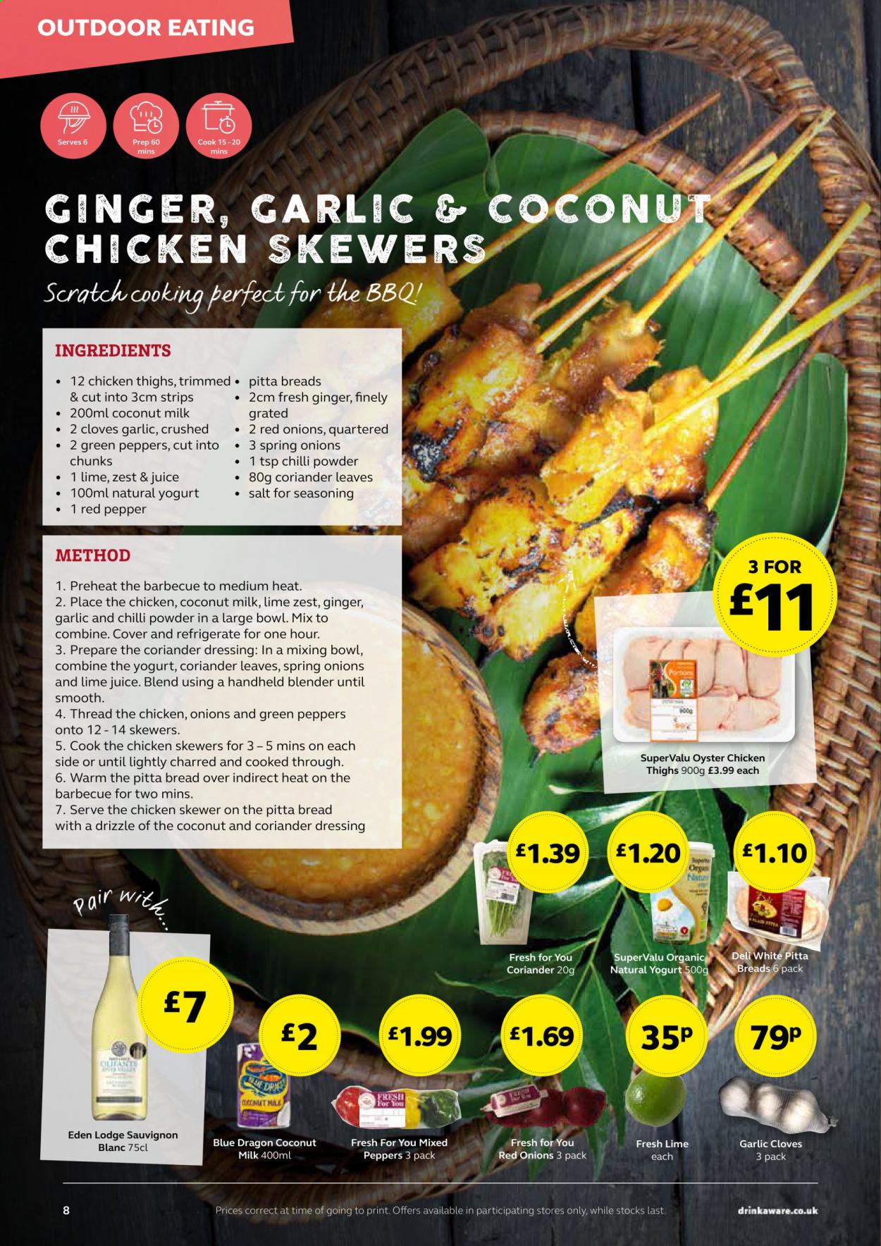 thumbnail - SuperValu offer  - Sales products - ginger, red onions, chicken thighs, chicken, oysters, yoghurt, salt, coconut milk, cloves, spice, coriander, chilli powder, dressing, wine, Sauvignon Blanc, mixing bowl. Page 8.
