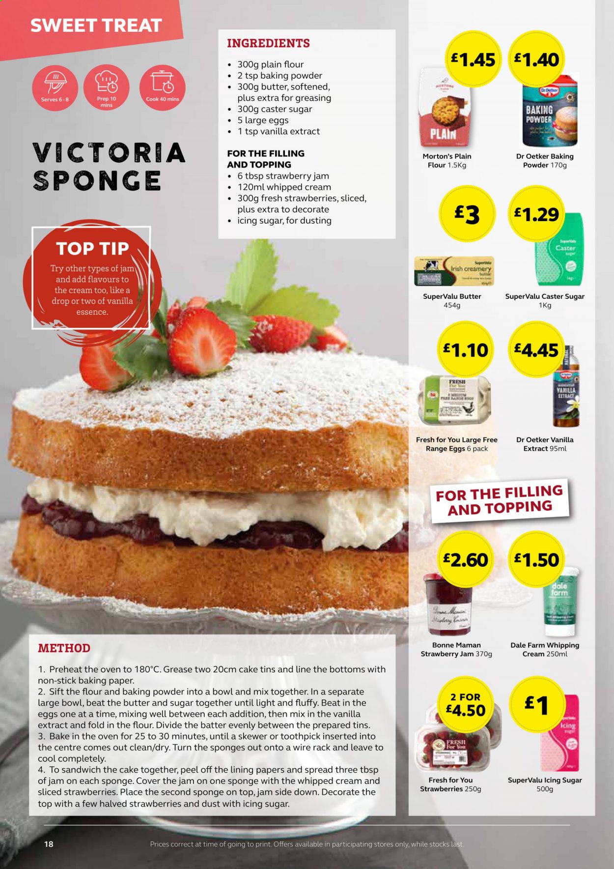 thumbnail - SuperValu offer  - Sales products - sponge cake, sandwich, Dr. Oetker, large eggs, whipped cream, Victoria Sponge, icing sugar, flour, topping, caster sugar, vanilla extract, strawberry jam, fruit jam, baking paper. Page 18.