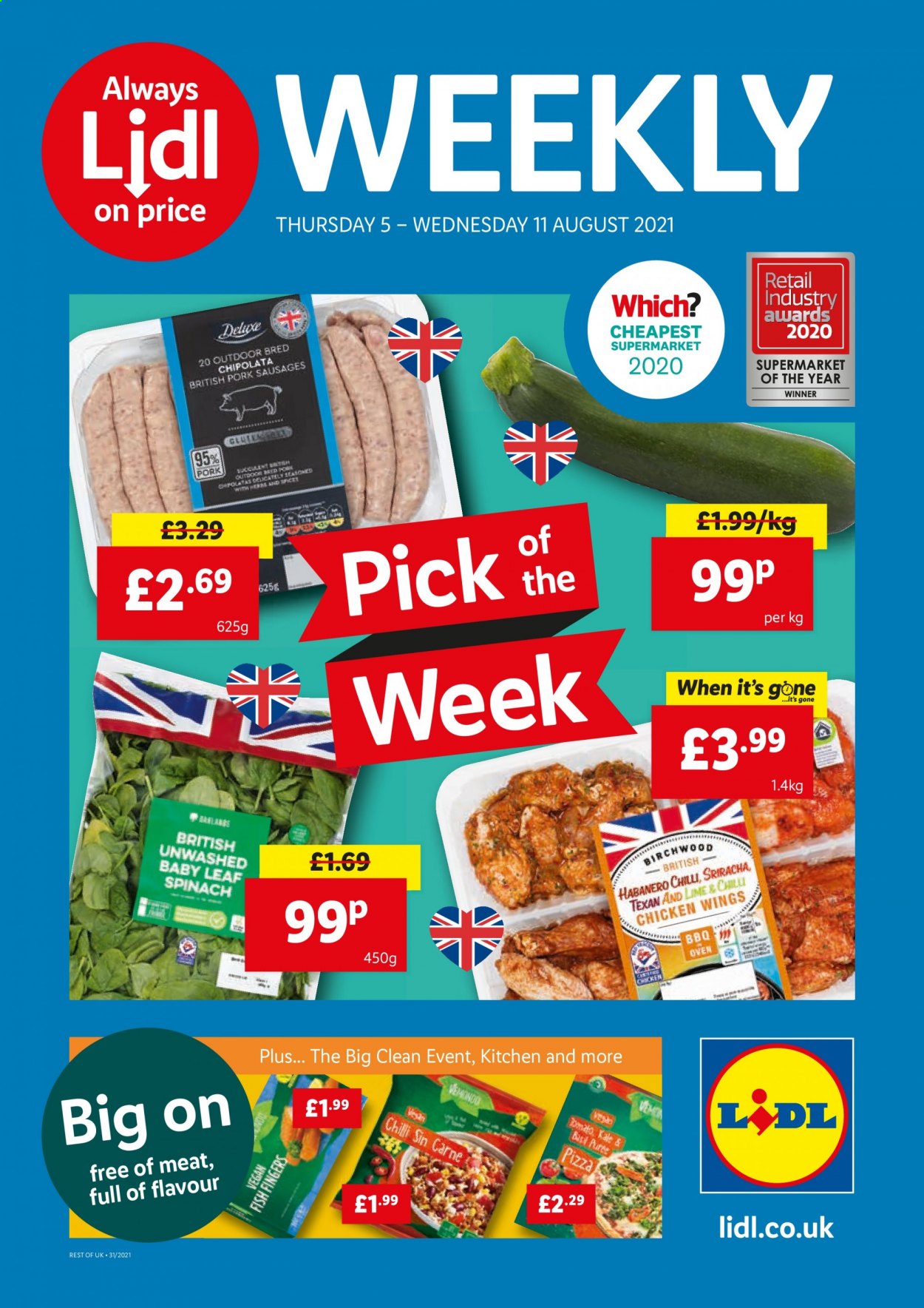 thumbnail - Lidl offer  - 05/08/2021 - 11/08/2021 - Sales products - chicken wings, fish fingers, fish, fish sticks, pizza, sausage, sriracha. Page 1.