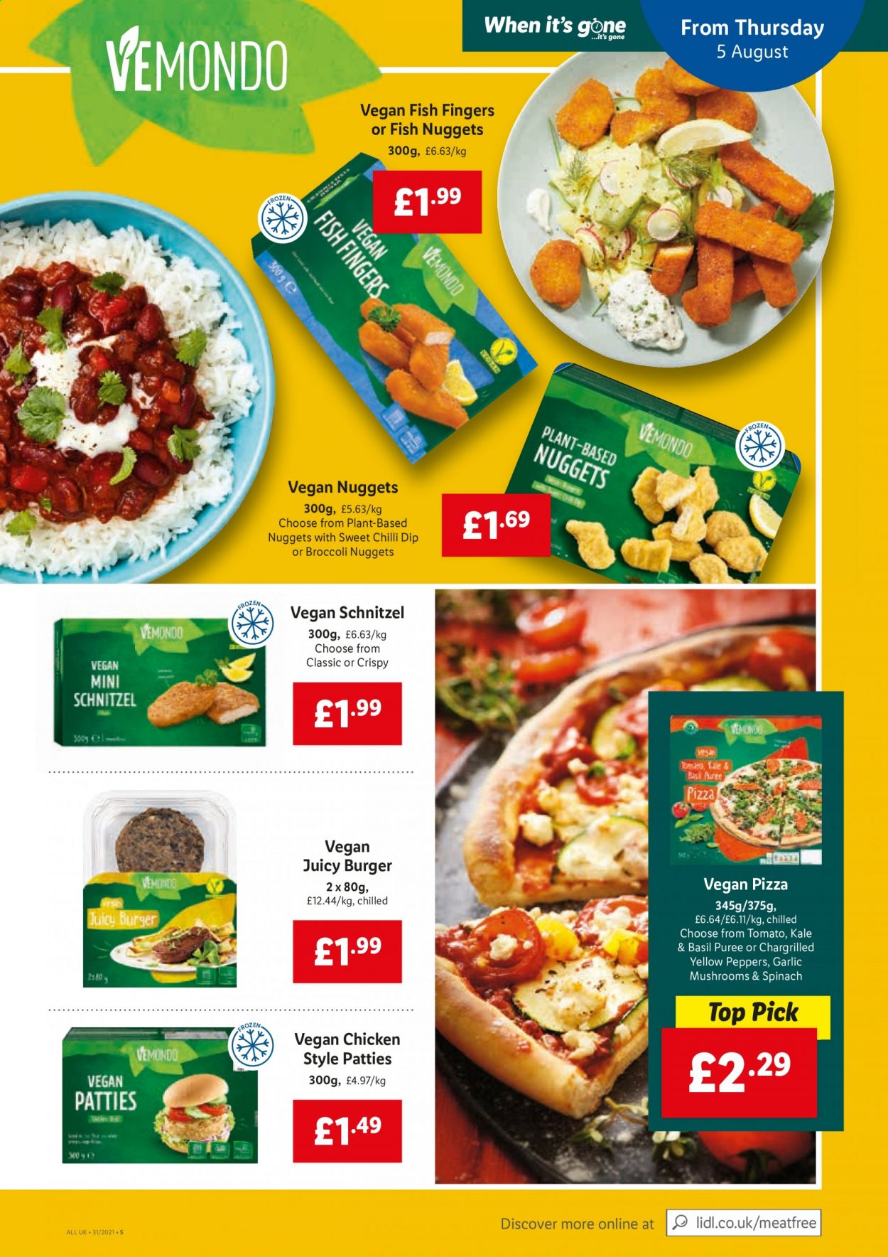 thumbnail - Lidl offer  - 05/08/2021 - 11/08/2021 - Sales products - broccoli, hamburger, fish fingers, fish nuggets, fish sticks, pizza, schnitzel, dip. Page 5.