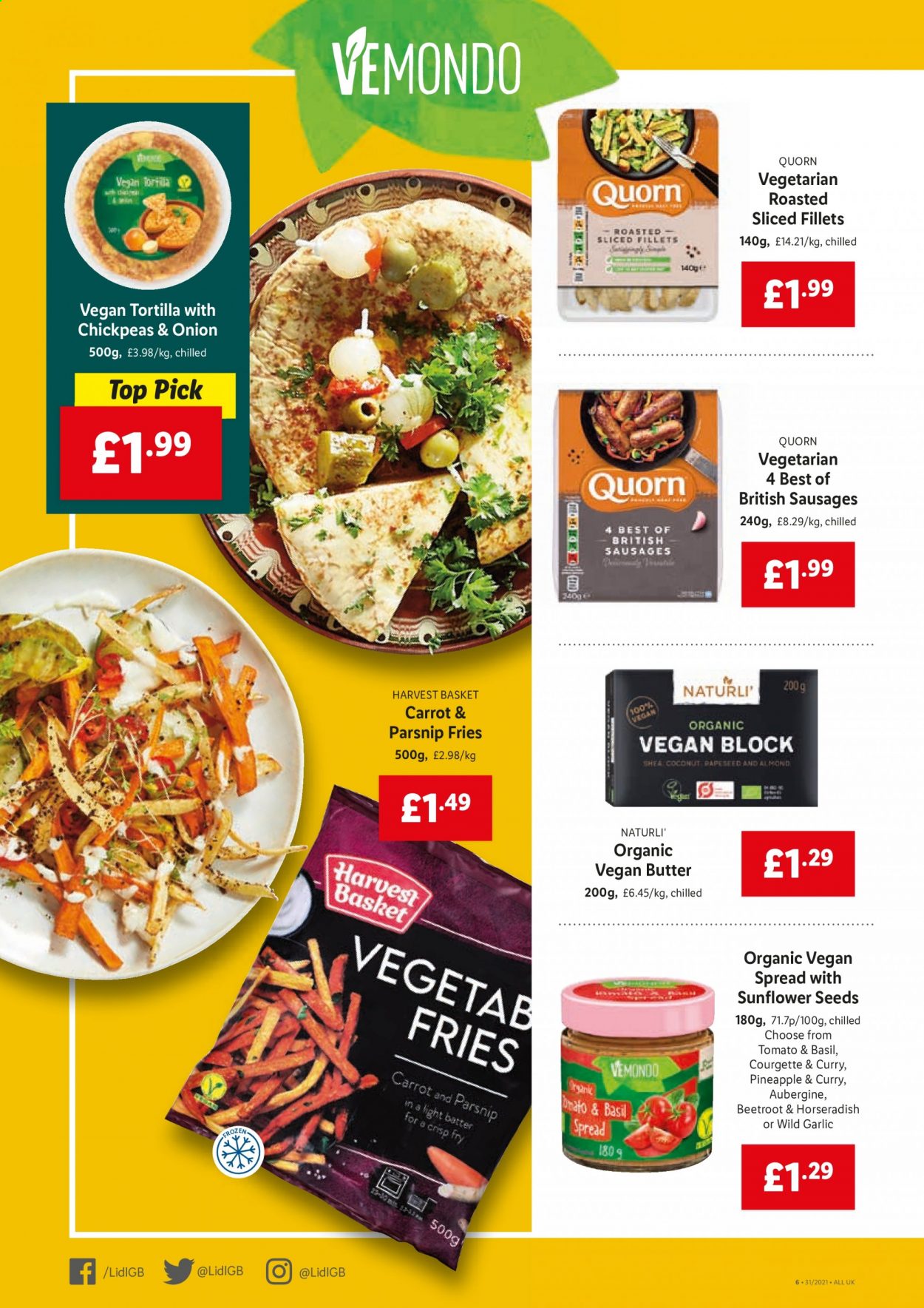 thumbnail - Lidl offer  - 05/08/2021 - 11/08/2021 - Sales products - eggplant, garlic, parsnips, beetroot, coconut, tortillas, sausage, butter, potato fries, chickpeas, almonds, basket. Page 6.