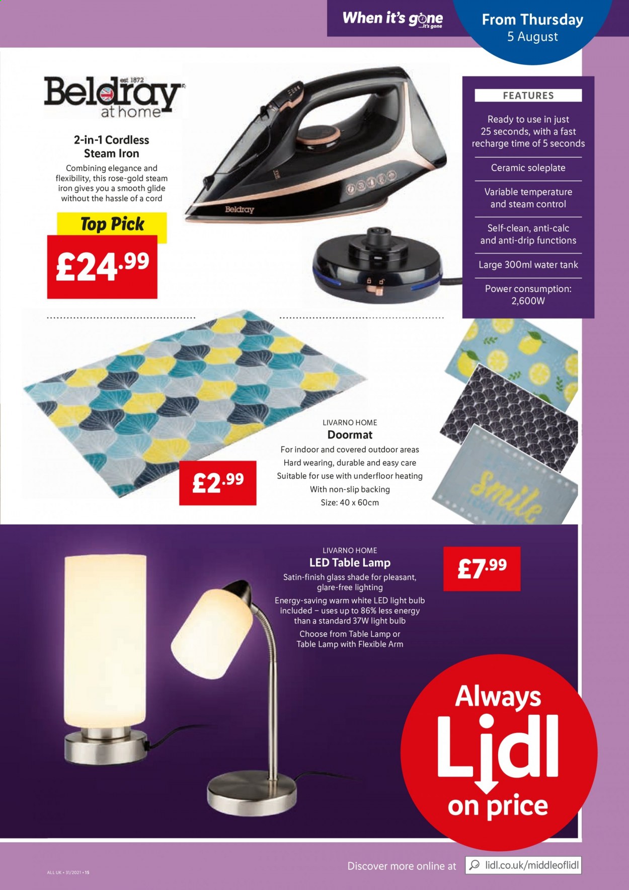 thumbnail - Lidl offer  - 05/08/2021 - 11/08/2021 - Sales products - wine, rosé wine, bulb, LED bulb, light bulb, tank, iron, steam iron, lamp, LED light, table lamp, door mat. Page 15.