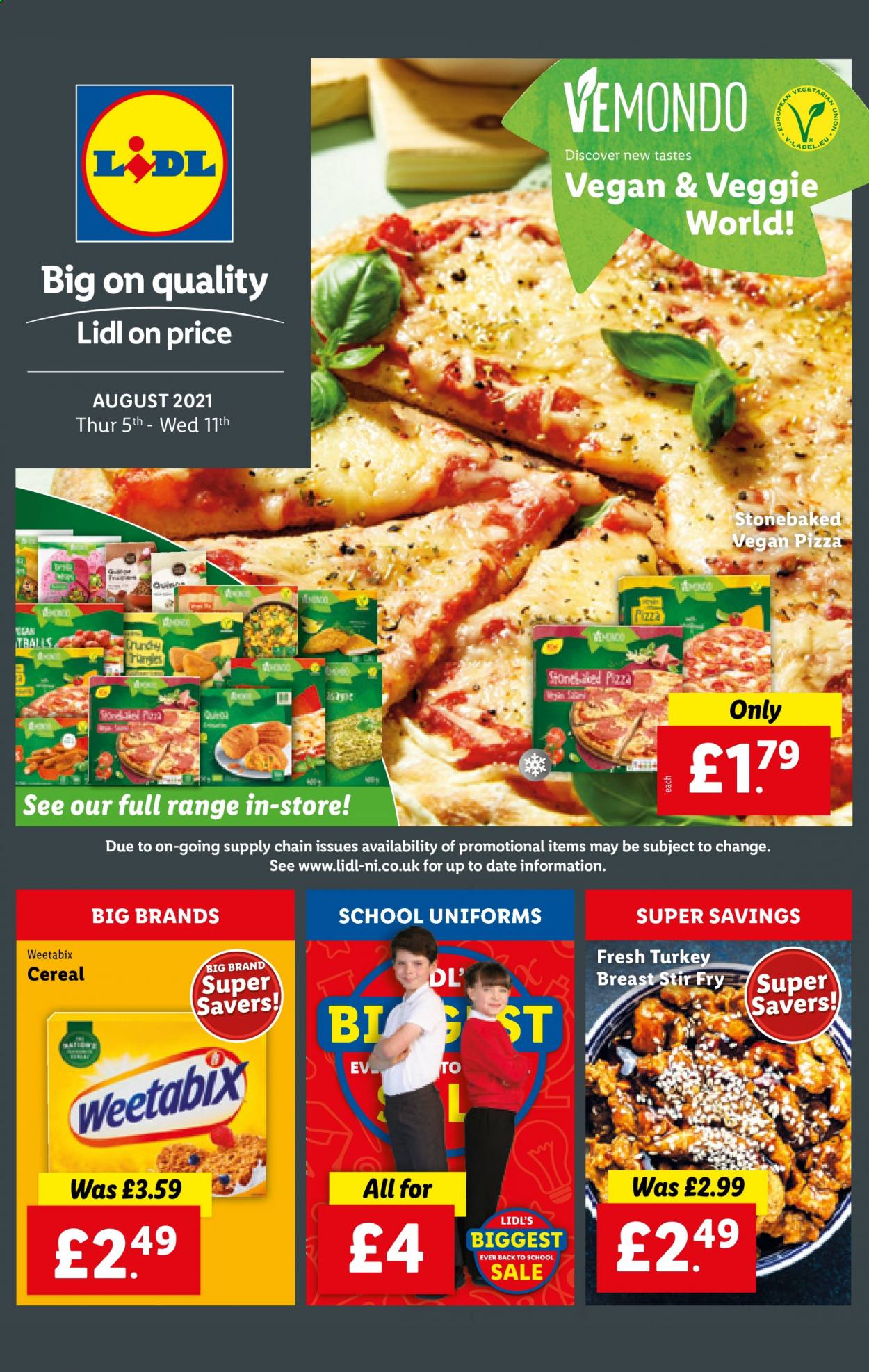 thumbnail - Lidl offer  - 05/08/2021 - 11/08/2021 - Sales products - turkey breast, turkey, pizza, cereals, Weetabix. Page 1.