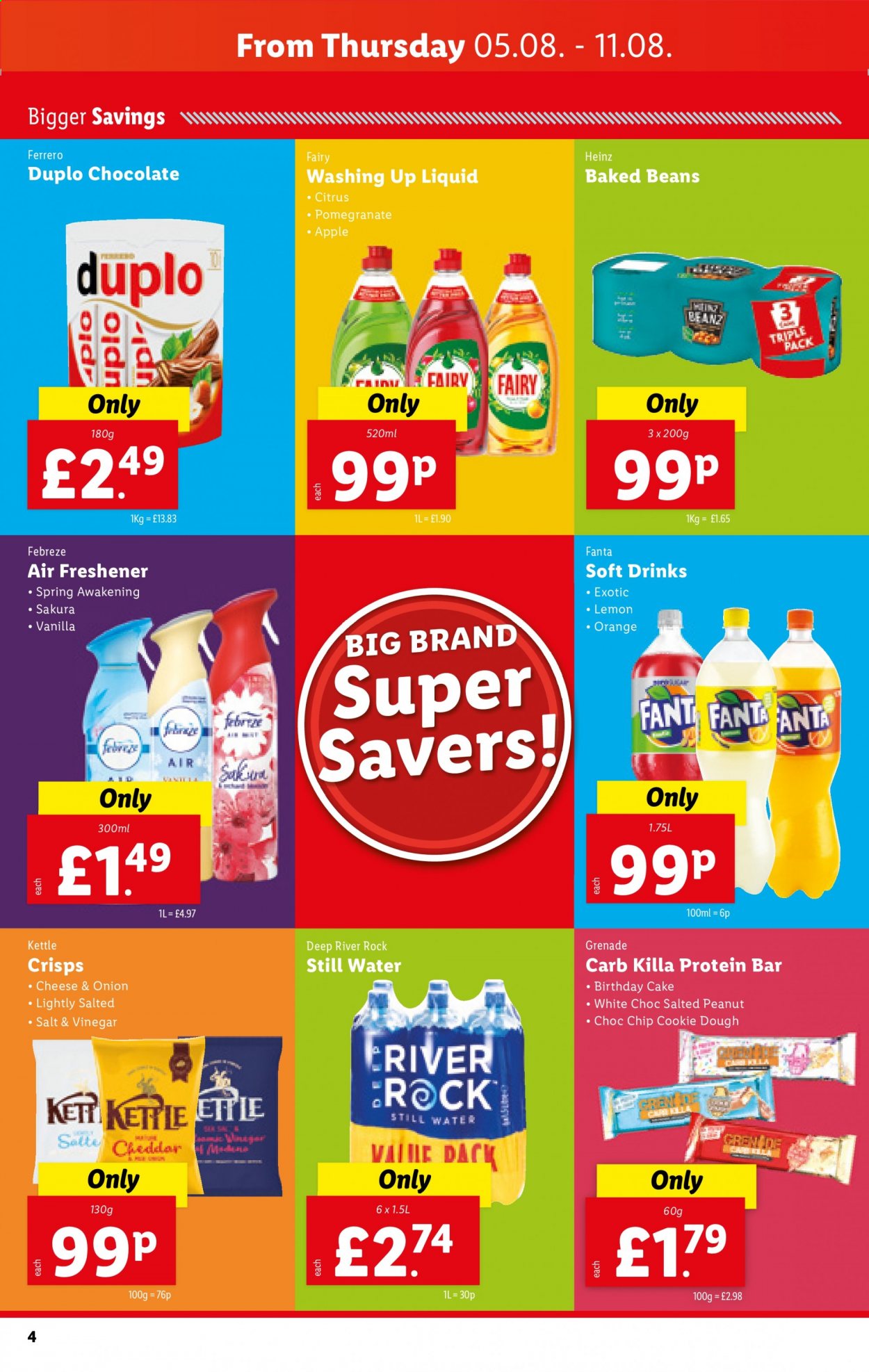 thumbnail - Lidl offer  - 05/08/2021 - 11/08/2021 - Sales products - beans, pomegranate, oranges, cake, cheddar, cookie dough, chocolate, Ferrero Rocher, Heinz, baked beans, protein bar, vinegar, Fanta, soft drink, mineral water, bottled water, Febreze, Fairy, dishwashing liquid, air freshener, kettle, LEGO Duplo. Page 4.