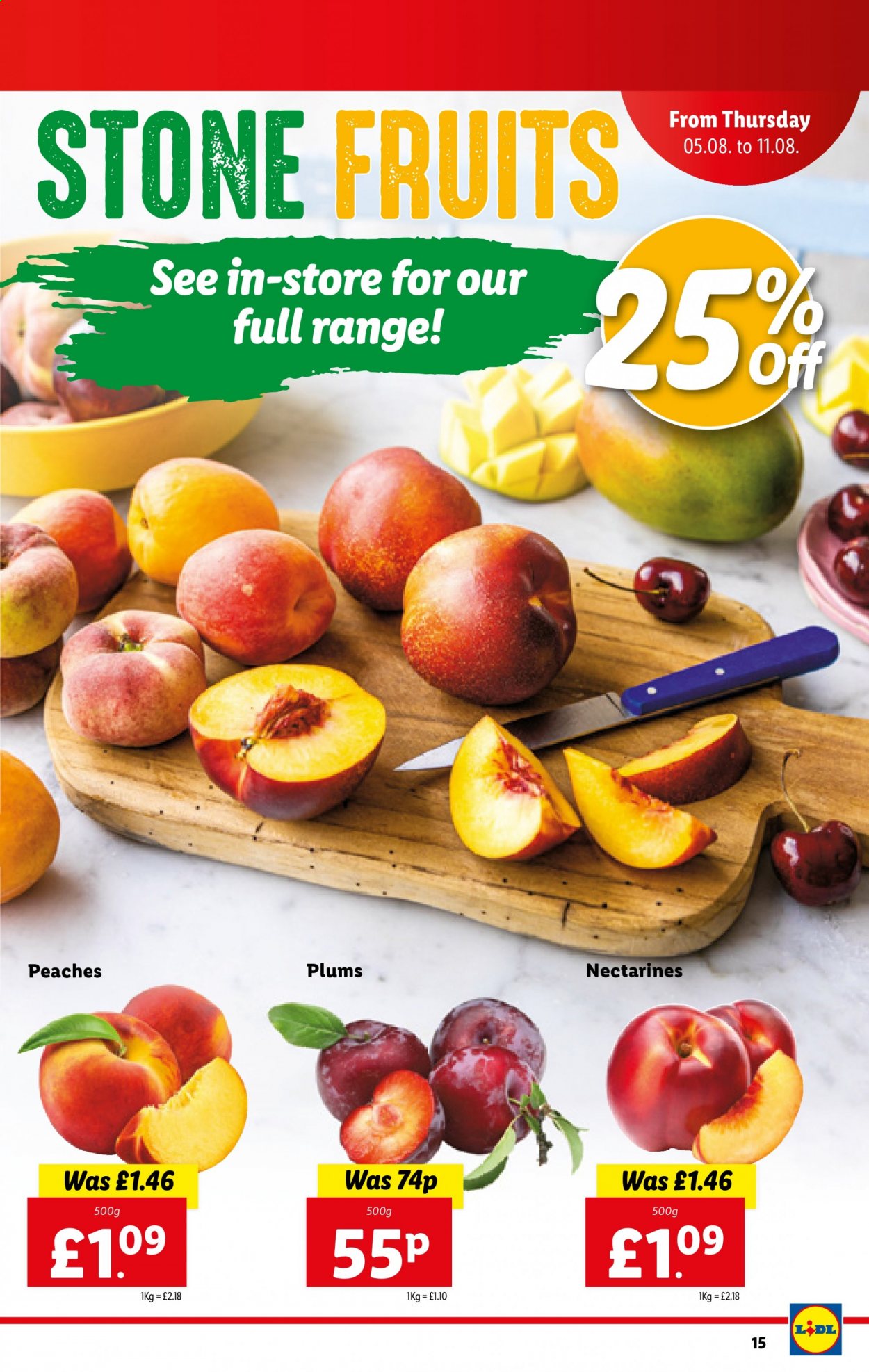 thumbnail - Lidl offer  - 05/08/2021 - 11/08/2021 - Sales products - nectarines, plums, peaches. Page 15.
