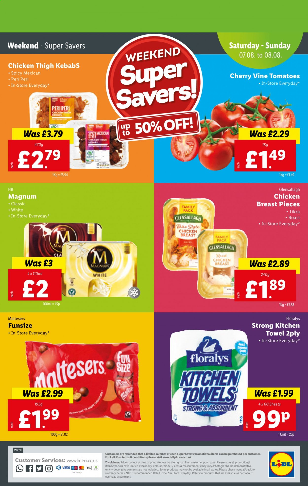 thumbnail - Lidl offer  - 05/08/2021 - 11/08/2021 - Sales products - cherries, chicken, Magnum, Maltesers, kitchen towels, Tikka. Page 28.