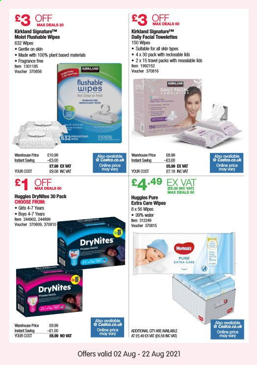 thumbnail - Costco offer  - 02/08/2021 - 22/08/2021 - Sales products - wipes, Huggies, DryNites. Page 12.