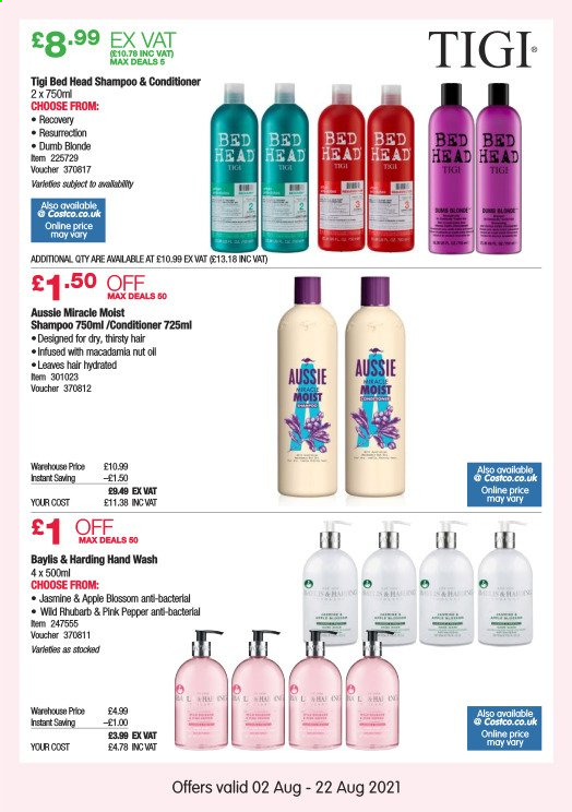 thumbnail - Costco offer  - 02/08/2021 - 22/08/2021 - Sales products - bed, Blossom, pepper, shampoo, hand wash, Aussie, conditioner. Page 13.