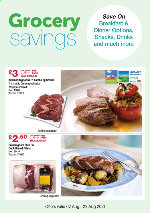 thumbnail - Costco offer  - 02/08/2021 - 22/08/2021 - Sales products - duck meat, duck breasts, steak, lamb meat, lamb leg, snack. Page 16.