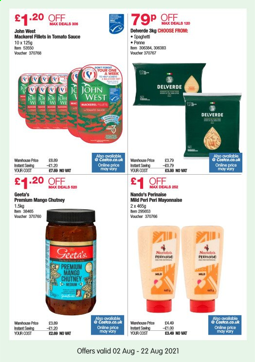 thumbnail - Costco offer  - 02/08/2021 - 22/08/2021 - Sales products - mackerel, spaghetti, mayonnaise, penne, chutney. Page 18.