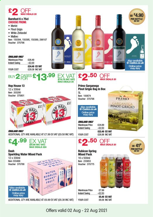 thumbnail - Costco offer  - 02/08/2021 - 22/08/2021 - Sales products - sparkling water, Pinot Grigio, Merlot, red wine, white wine, wine. Page 21.
