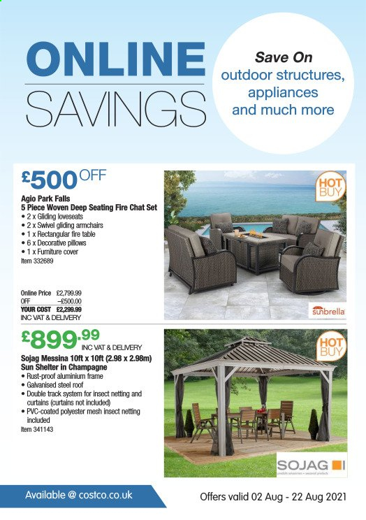 thumbnail - Costco offer  - 02/08/2021 - 22/08/2021 - Sales products - table, arm chair, champagne, pillow, curtain. Page 22.