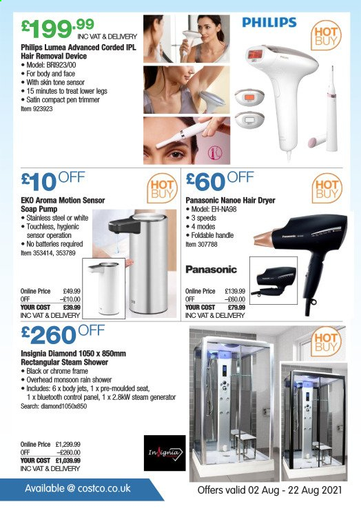 thumbnail - Costco offer  - 02/08/2021 - 22/08/2021 - Sales products - Philips, Panasonic, soap, hair removal, trimmer, pen, hair dryer, pump. Page 26.