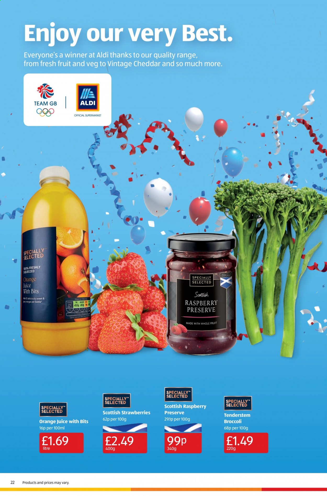thumbnail - Aldi offer  - 01/08/2021 - 08/08/2021 - Sales products - broccoli, strawberries, cheddar, orange juice, juice. Page 22.