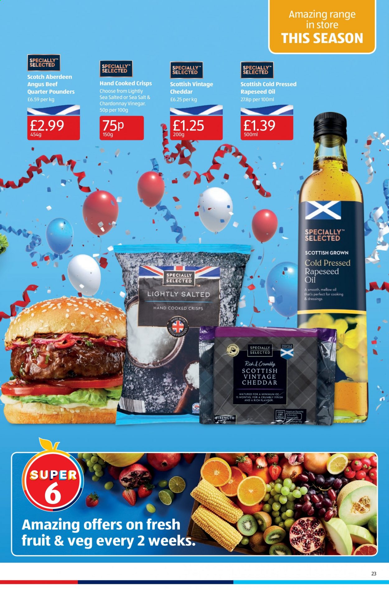 thumbnail - Aldi offer  - 01/08/2021 - 08/08/2021 - Sales products - beef meat, cheddar, vinegar, oil, white wine, Chardonnay, wine. Page 23.