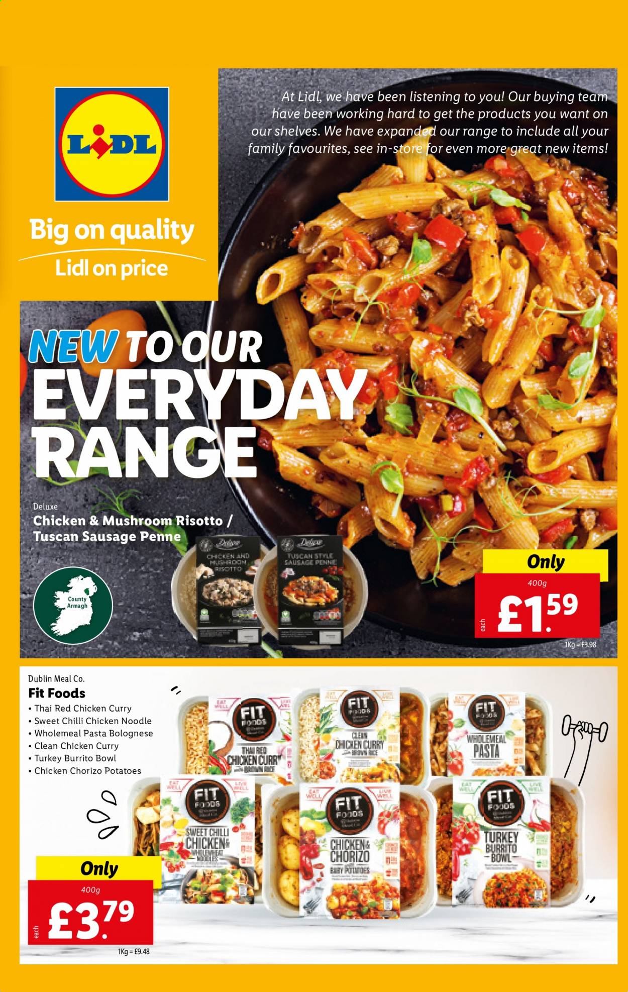 thumbnail - Lidl offer  - Sales products - shelves, potatoes, risotto, noodles, pasta, burrito, chorizo, sausage, penne, bowl. Page 1.