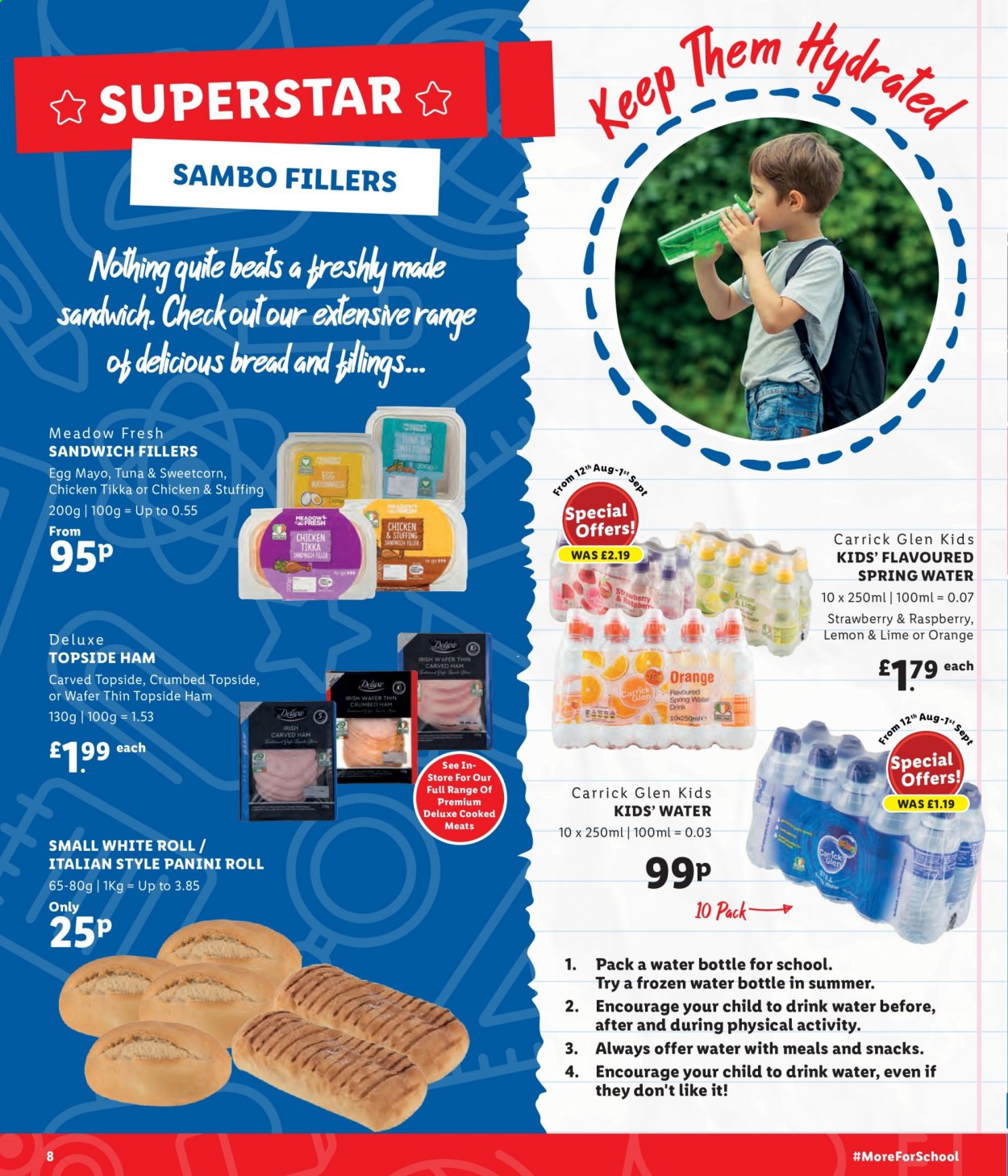 thumbnail - Lidl offer  - Sales products - oranges, bread, panini, tuna, sandwich, ham, eggs, wafers, spring water, drink bottle, Beats, Tikka. Page 8.