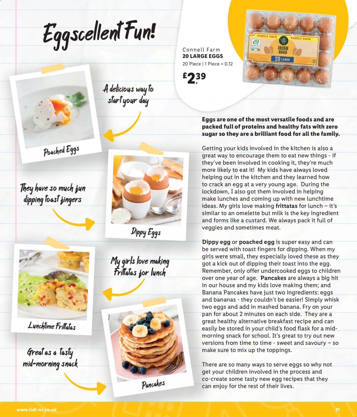 thumbnail - Lidl offer  - Sales products - bananas, pancakes, custard, milk, large eggs, snack, pan, food flask. Page 11.
