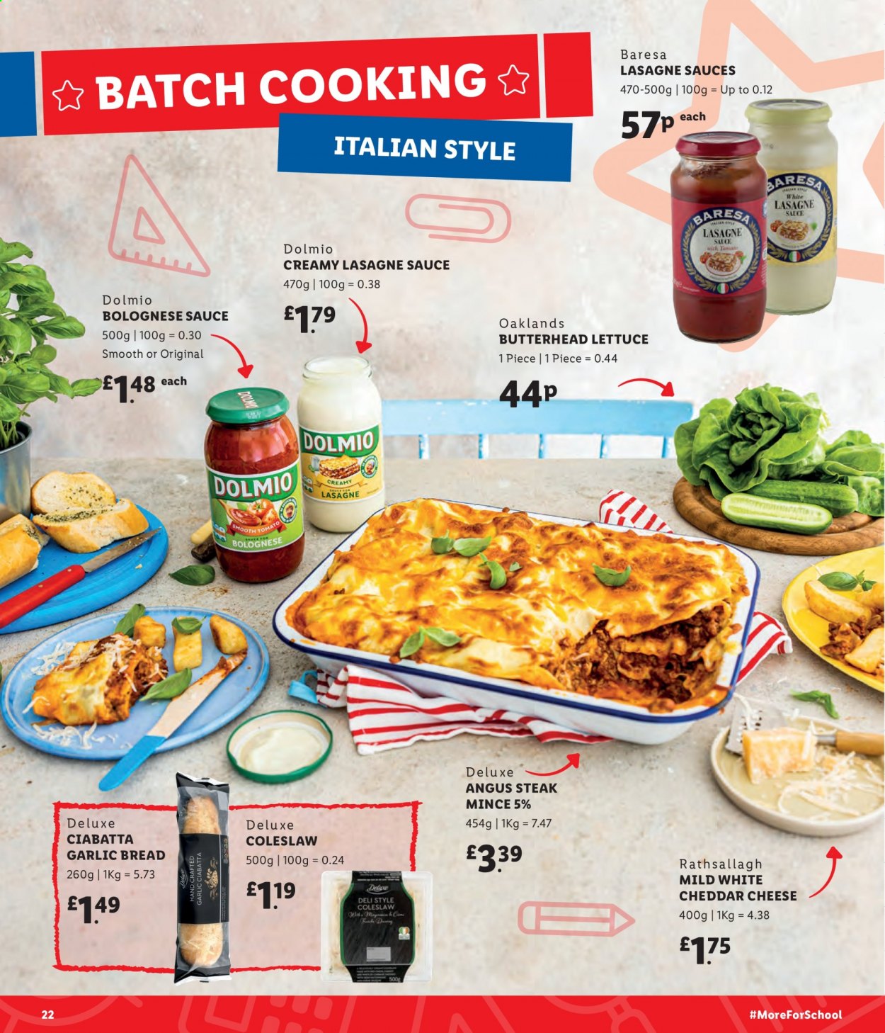 thumbnail - Lidl offer  - Sales products - lettuce, steak, bread, ciabatta, coleslaw, bolognese sauce, cheddar, cheese. Page 22.