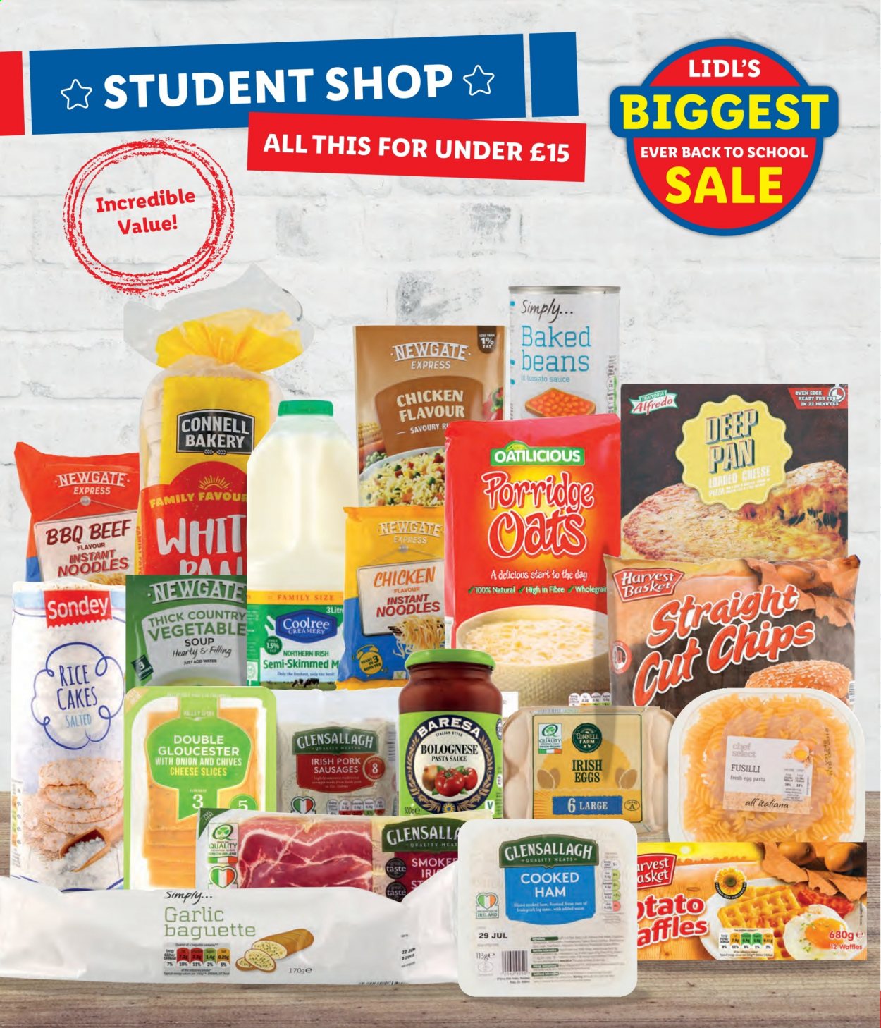 thumbnail - Lidl offer  - Sales products - beans, garlic, chives, baguette, cake, pasta sauce, noodles, soup, instant noodles, sauce, cooked ham, ham, sausage, sliced cheese, cheese, eggs, chips, baked beans, porridge, rice, pan. Page 24.