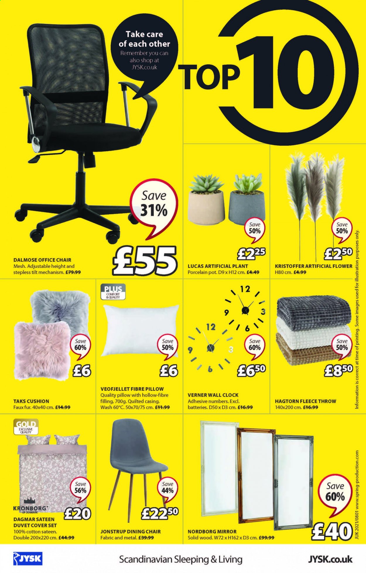 thumbnail - JYSK offer  - 02/08/2021 - 22/08/2021 - Sales products - chair, dining chair, office chair, cushion, mirror, artificial flowers, artificial plant, clock, pot, battery, chair pad, Kronborg, duvet, pillow, quilt cover set, fleece throw. Page 16.