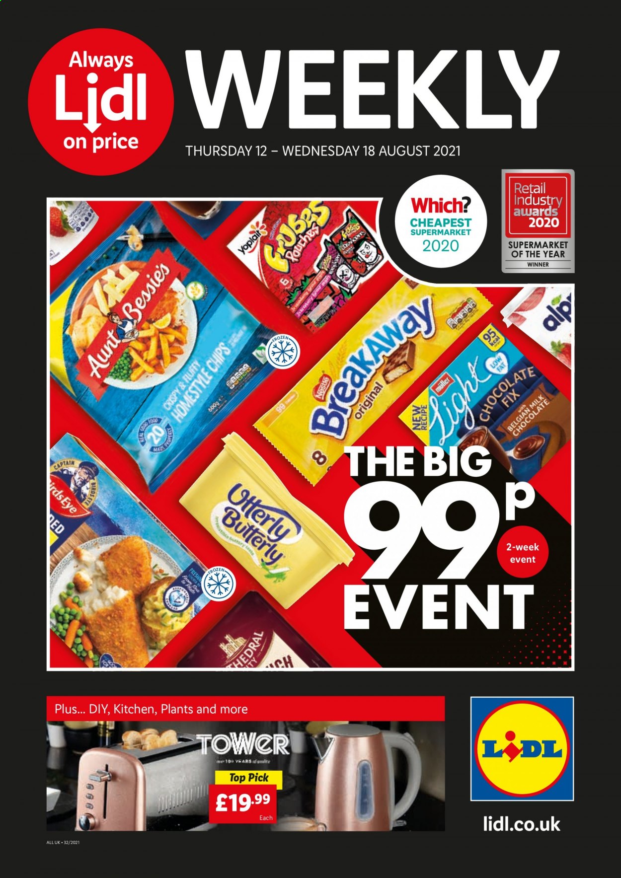 thumbnail - Lidl offer  - 12/08/2021 - 18/08/2021 - Sales products - Aunt Bessie's, Müller, frozen chips, milk chocolate, chocolate. Page 1.