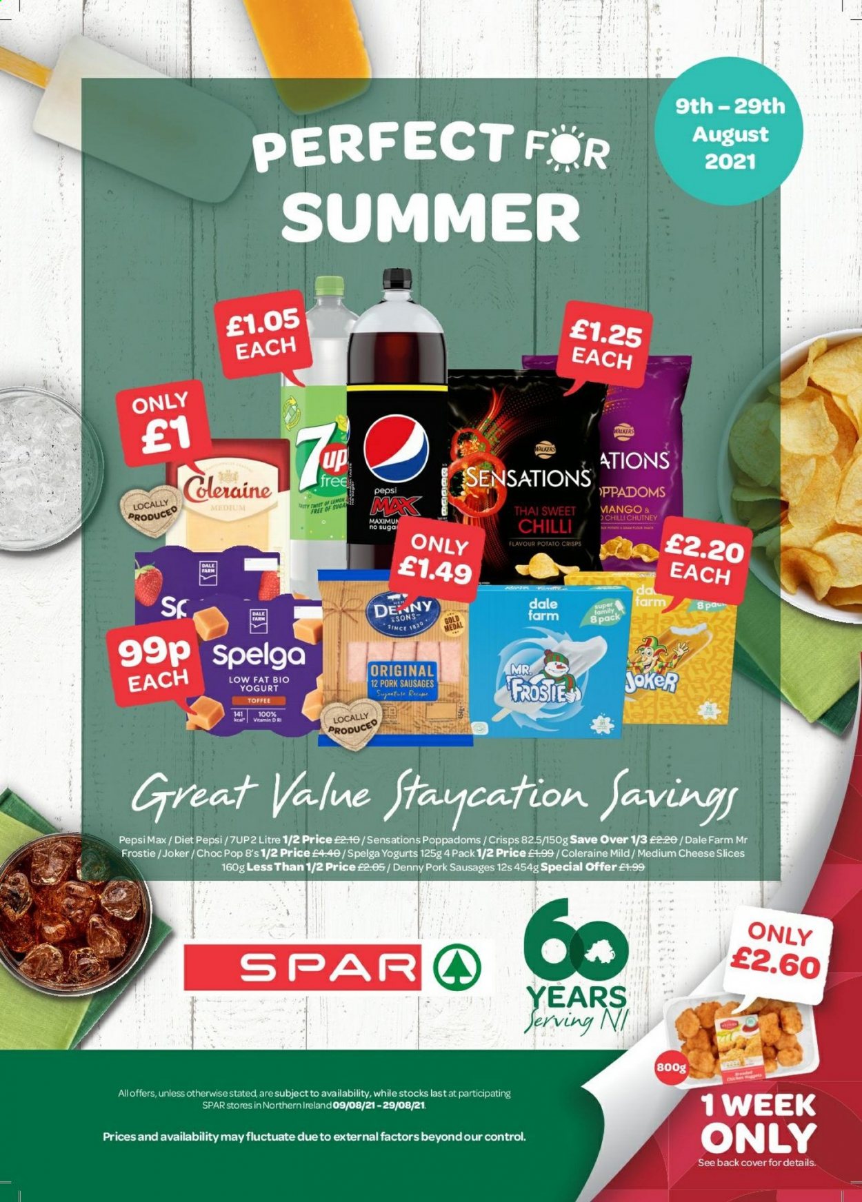 SPAR offer  - 9.8.2021 - 29.8.2021 - Sales products - sausage, sliced cheese, cheese, yoghurt, toffee, potato crisps, chutney, Pepsi, Pepsi Max, Diet Pepsi. Page 1.