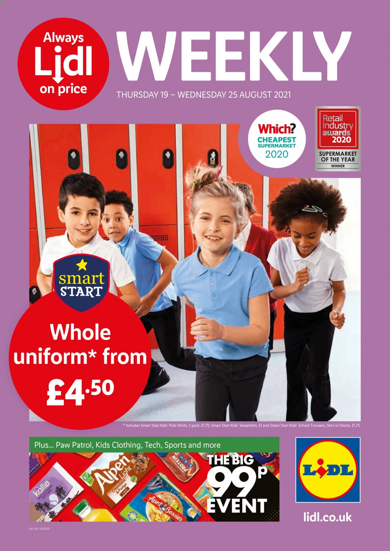 thumbnail - Lidl offer  - 19/08/2021 - 25/08/2021 - Sales products - Aunt Bessie's, fudge, Paw Patrol, chocolate, shorts, trousers, shirt, sweatshirt. Page 1.