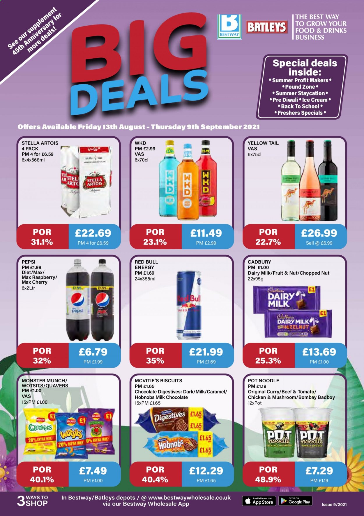 thumbnail - Bestway offer  - 13/08/2021 - 09/09/2021 - Sales products - Stella Artois, beer, cherries, noodles, ice cream, biscuit, milk chocolate, Monster Munch, Cadbury, Dairy Milk, caramel, Pepsi, Red Bull, Monster, pot. Page 1.