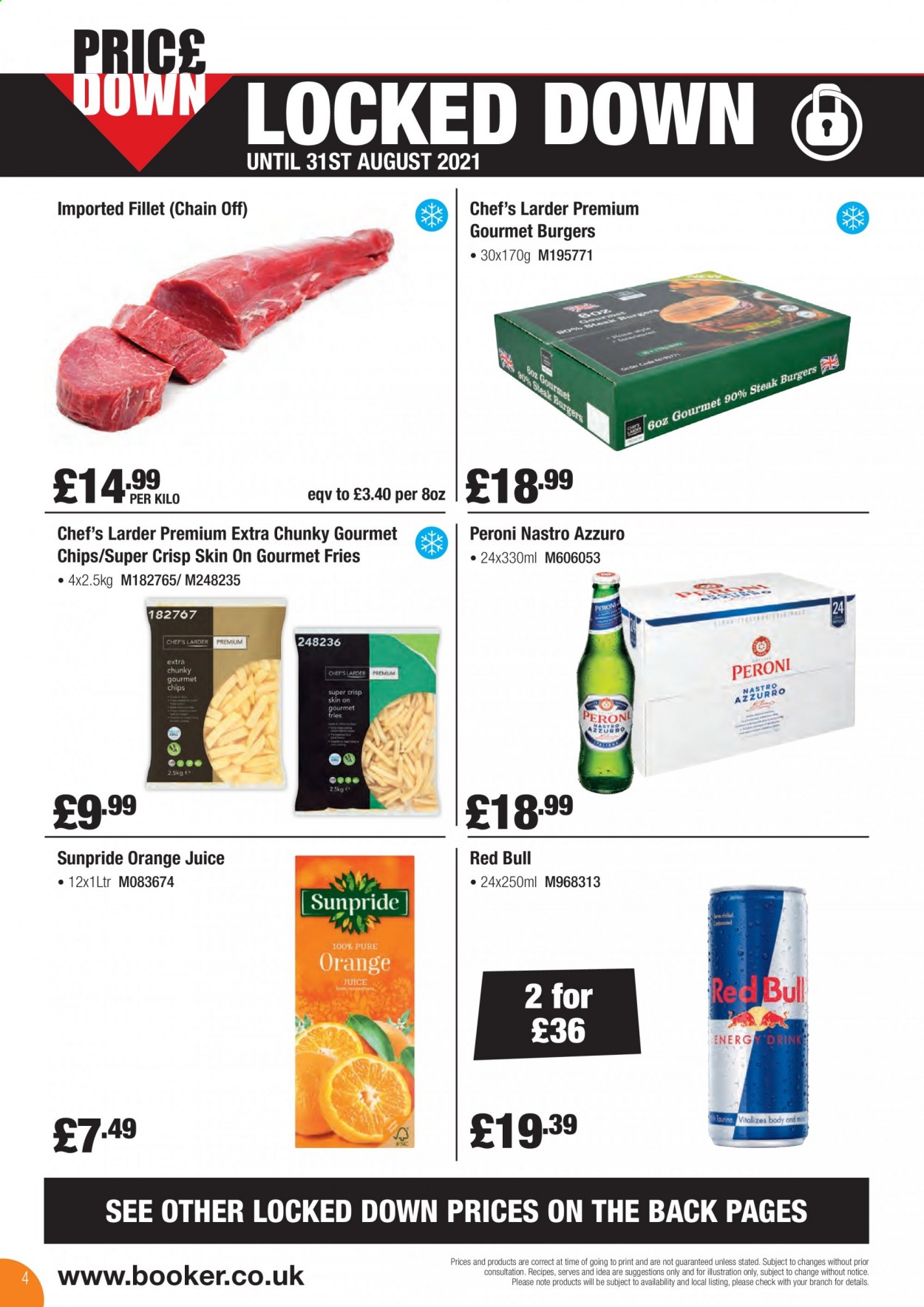 Makro offer  - 17.8.2021 - 31.8.2021 - Sales products - Peroni, hamburger, potato fries, chips, Red Bull, orange juice, juice. Page 4.