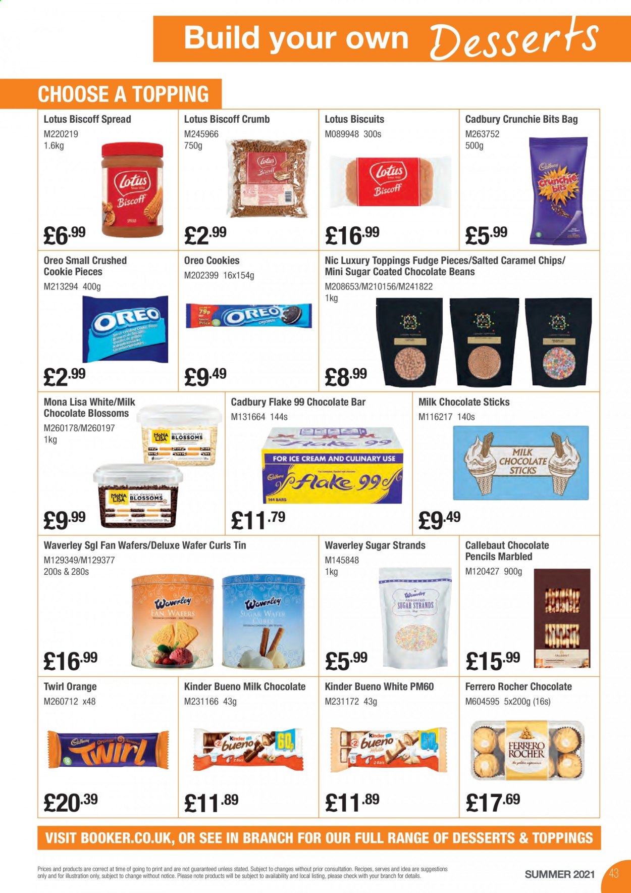 Makro offer  - 17.8.2021 - 31.8.2021 - Sales products - orange, Oreo, chocolate sticks, Kinder Bueno, biscuit, Cadbury, Ferrero Rocher, Fudge, wafers, cookies, milk chocolate, chocolate bar, chips, topping, sugar, Lotus, pencil. Page 43.