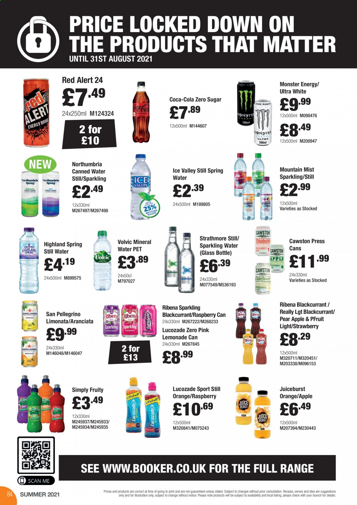 Makro offer  - 17.8.2021 - 31.8.2021 - Sales products - pears, orange, Lucozade, Volvic, Coca-Cola zero, Monster Energy, Monster, lemonade, Coca-Cola, mineral water, sparkling water, San Pellegrino, bottled water, spring water, glass bottle. Page 84.