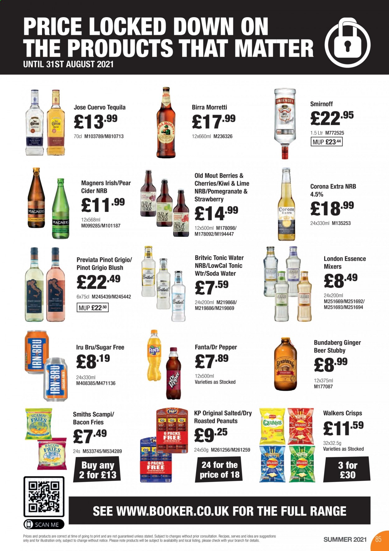 thumbnail - Makro offer  - 17/08/2021 - 31/08/2021 - Sales products - ginger beer, Corona Extra, beer, kiwi, pomegranate, pears, bacon, potato fries, roasted peanuts, peanuts, Dr. Pepper, Fanta, tonic, soda, Bundaberg, Pinot Grigio, white wine, wine, Smirnoff, cider, tequila. Page 85.