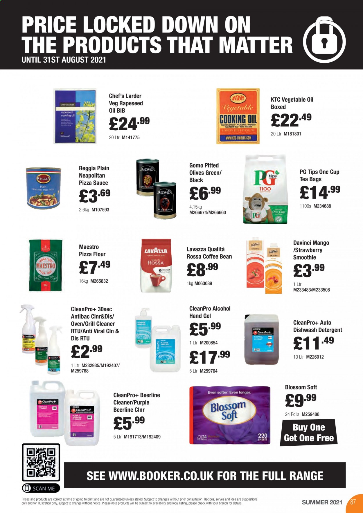 Makro offer  - 17.8.2021 - 31.8.2021 - Sales products - alcohol, mango, sauce, Blossom, flour, olives, vegetable oil, oil, smoothie, tea bags, Lavazza, coffee, detergent, cleaner, dishwashing liquid, hand gel, cup. Page 87.