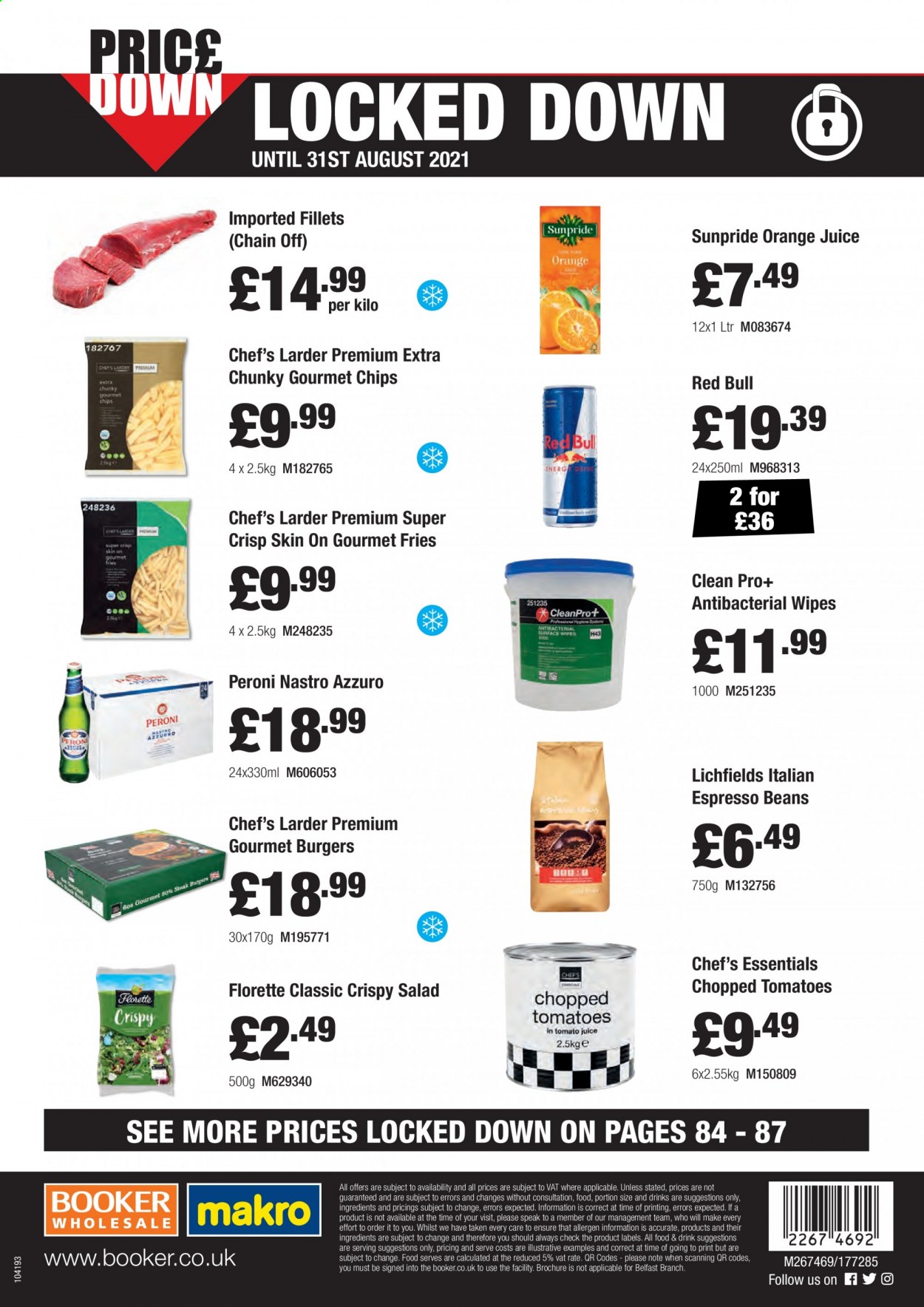 Makro offer  - 17.8.2021 - 31.8.2021 - Sales products - Peroni, tomatoes, hamburger, potato fries, chips, chopped tomatoes, Red Bull, orange juice, juice, wipes. Page 88.
