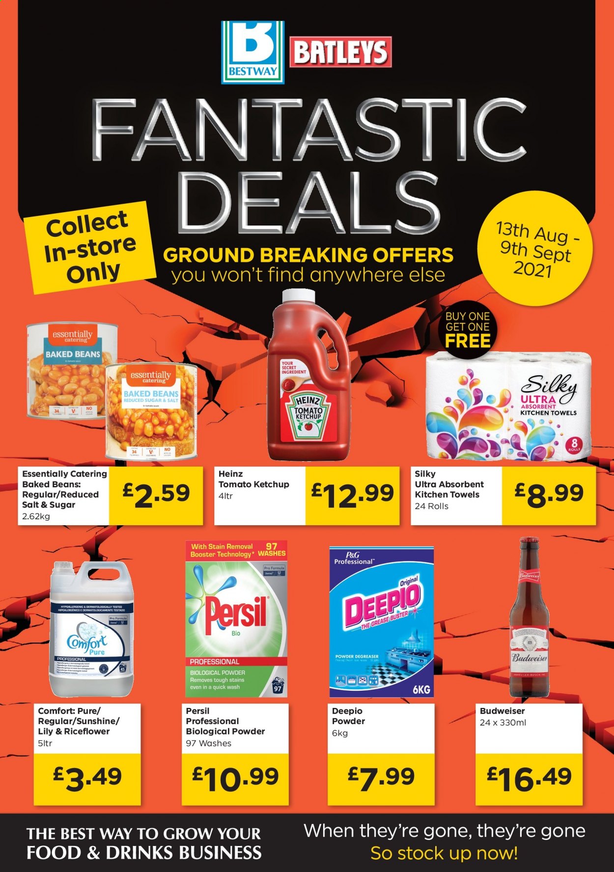 thumbnail - Bestway offer  - 13/08/2021 - 09/09/2021 - Sales products - Budweiser, Busch, beer, beans, Sunshine, Heinz, baked beans, ketchup, kitchen towels, Persil. Page 1.