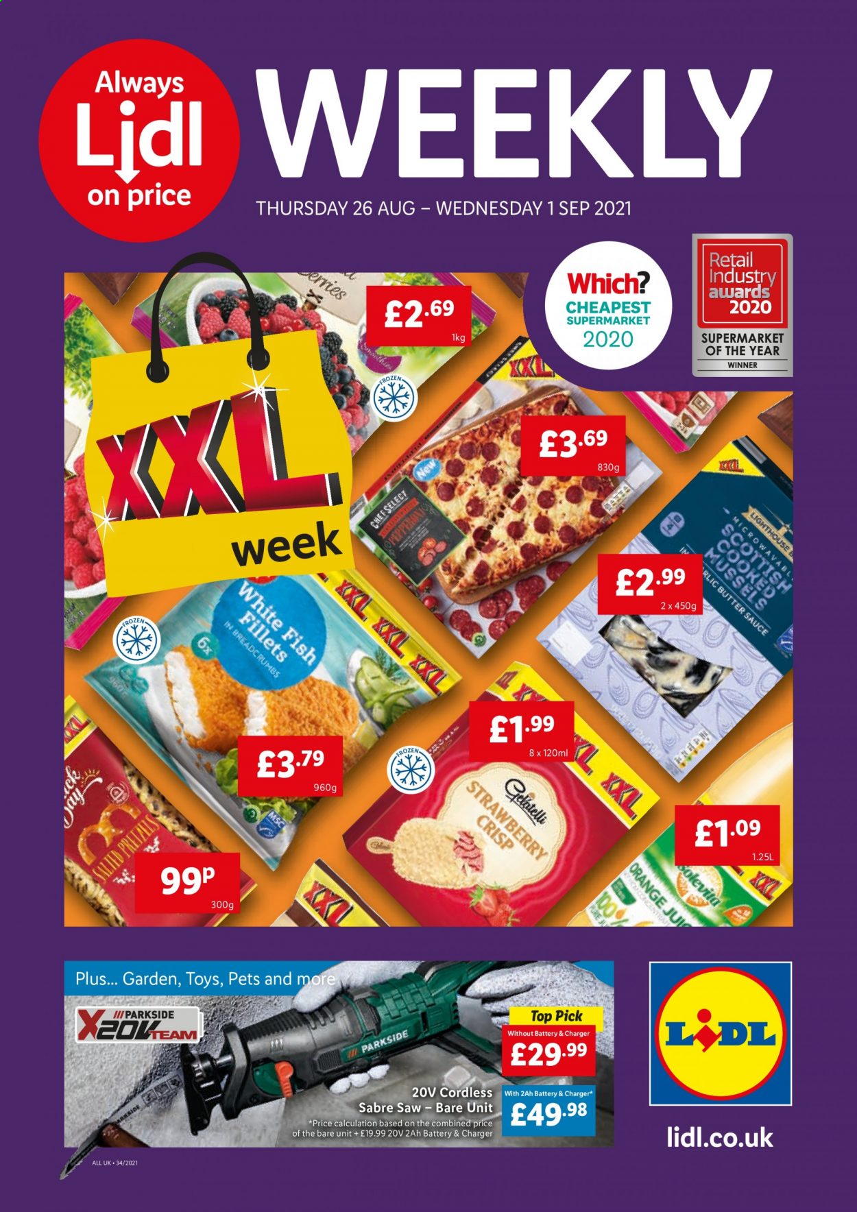 thumbnail - Lidl offer  - 26/08/2021 - 01/09/2021 - Sales products - oranges, pretzels, mussels, whitefish, fish, sauce, butter, battery, toys, Parkside, saw. Page 1.
