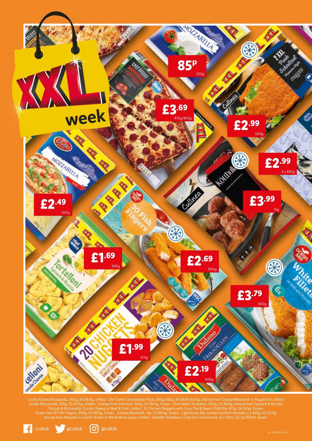 thumbnail - Lidl offer  - 26/08/2021 - 01/09/2021 - Sales products - mussels, fish fingers, fish, fish sticks, pizza, meatballs, nuggets, chicken nuggets, schnitzel, pepperoni, gouda, ricotta, butter, ice cream. Page 6.