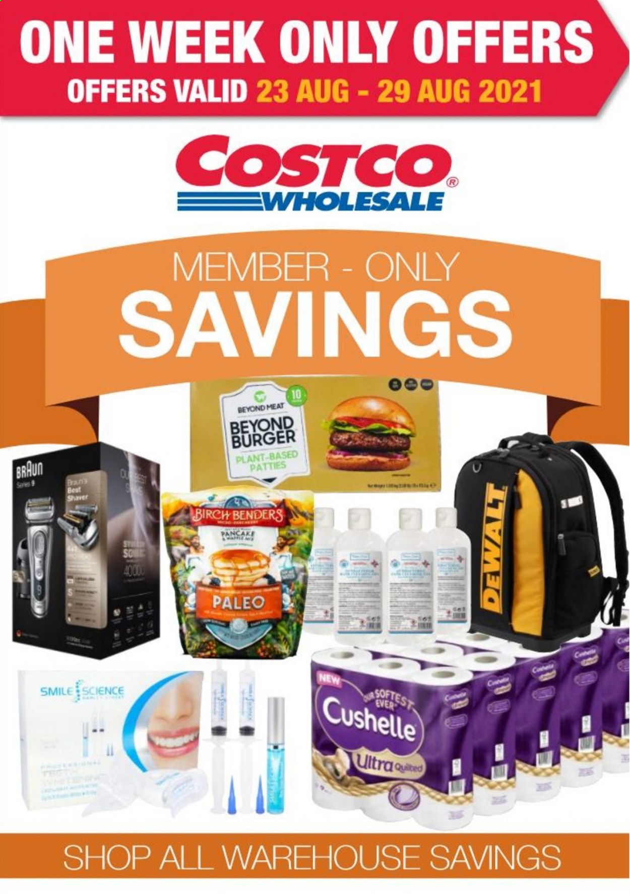 thumbnail - Costco offer  - 23/08/2021 - 29/08/2021 - Sales products - hamburger, pancakes, Cushelle, shaver, Braun. Page 1.