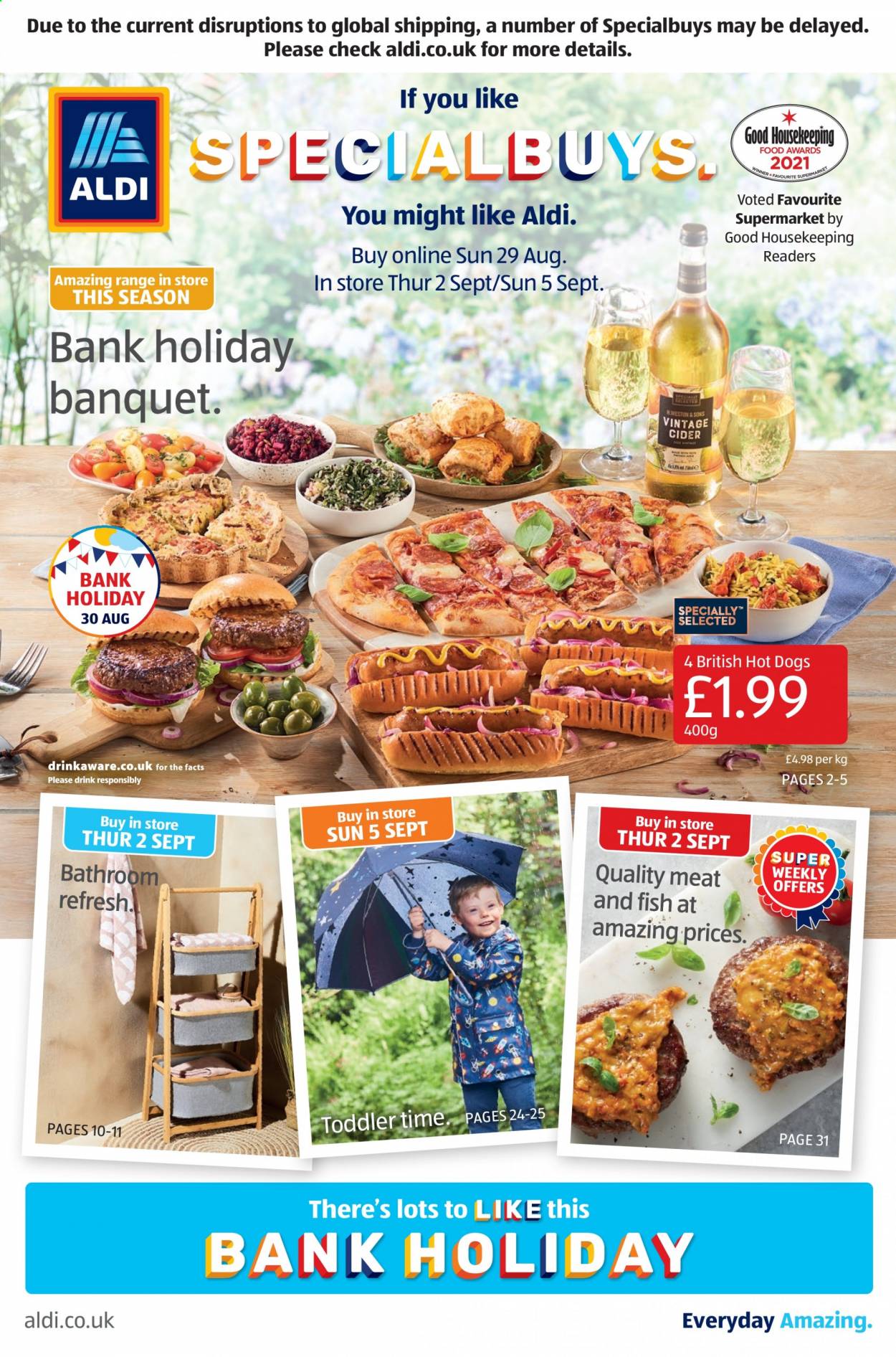 thumbnail - Aldi offer  - 29/08/2021 - 05/09/2021 - Sales products - hot dog, cider. Page 1.