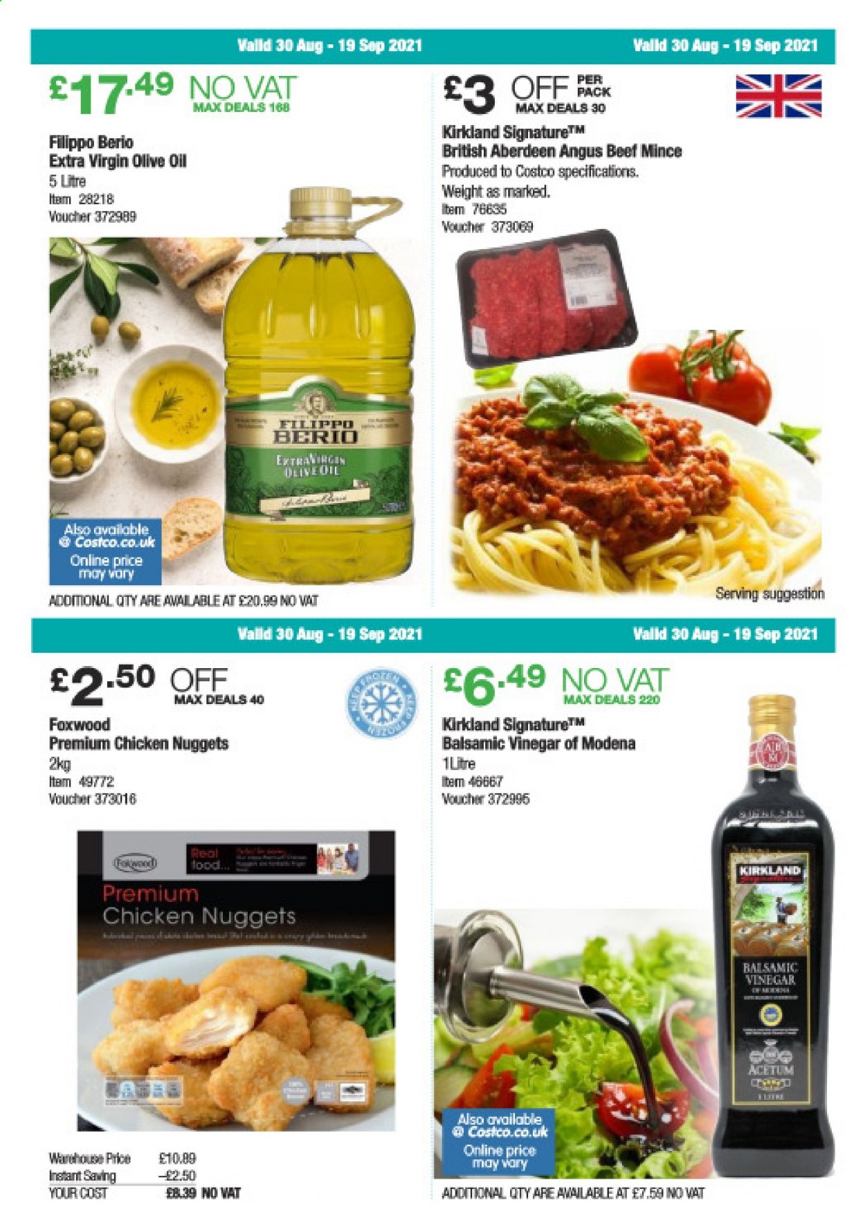 thumbnail - Costco offer  - 30/08/2021 - 19/09/2021 - Sales products - beef meat, ground beef, nuggets, chicken nuggets, balsamic vinegar, extra virgin olive oil, vinegar, olive oil, oil. Page 14.