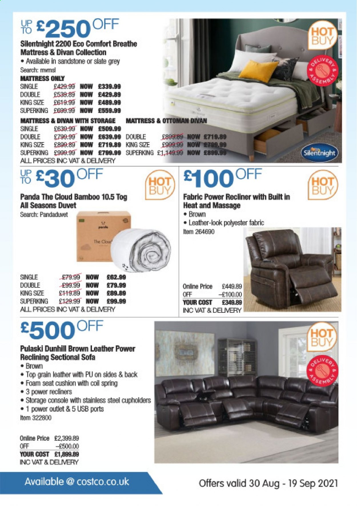 thumbnail - Costco offer  - 30/08/2021 - 19/09/2021 - Sales products - sofa, recliner chair, ottoman, mattress, cushion, Dunhill, duvet, panda. Page 22.