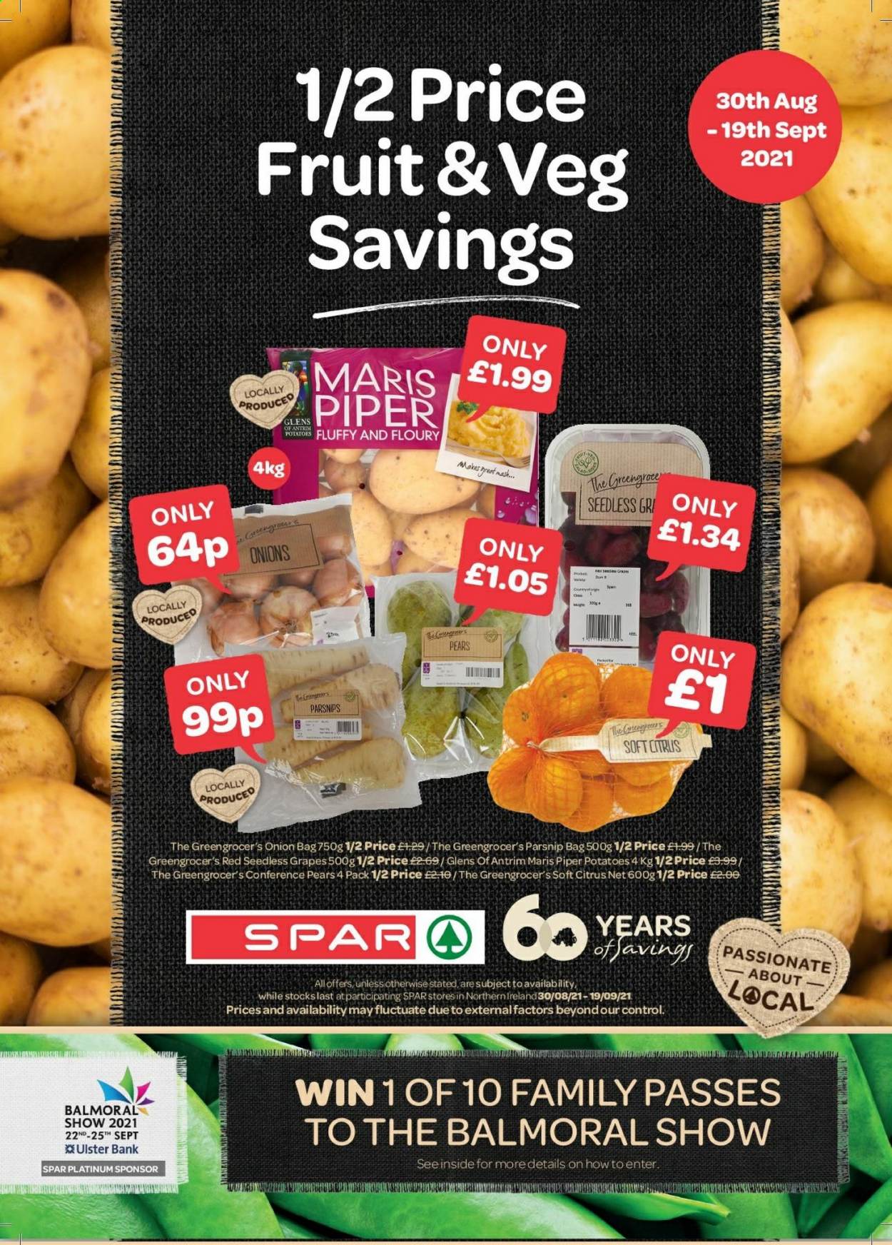 SPAR offer  - 30.8.2021 - 19.9.2021 - Sales products - potatoes, parsnips, onion, grapes, seedless grapes, pears, soft citrus. Page 1.