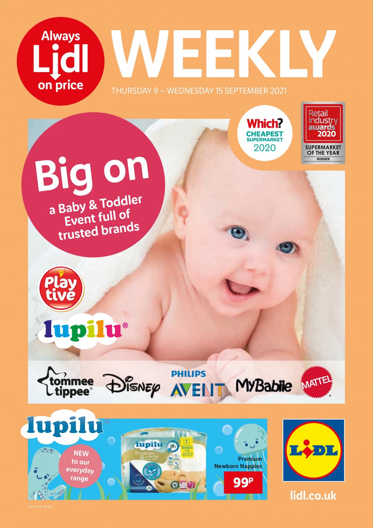 thumbnail - Lidl offer  - 09/09/2021 - 15/09/2021 - Sales products - Lupilu, Philips, Disney, nappies, Mattel. Page 1.