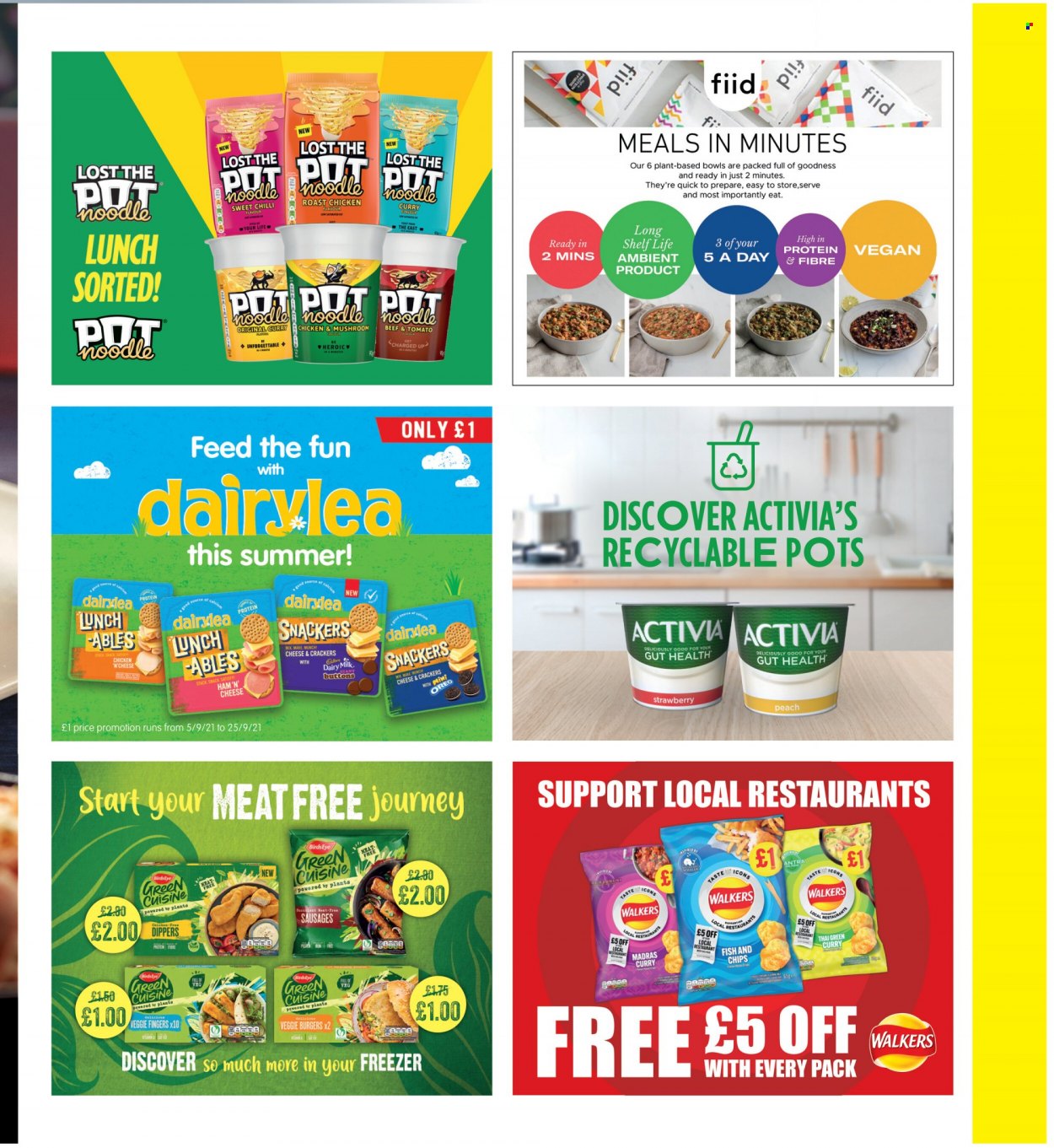 thumbnail - SuperValu offer  - 06/09/2021 - 25/09/2021 - Sales products - chicken roast, noodles, Bird's Eye, veggie burger, ham, sausage, Oreo, Activia, snack, crackers, Dairy Milk, chips, pot. Page 5.