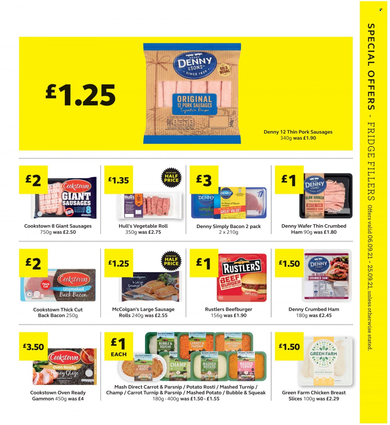thumbnail - SuperValu offer  - 06/09/2021 - 25/09/2021 - Sales products - chicken breasts, chicken, hamburger, sausage rolls, beef burger, bacon, ham, sausage, gammon, potato rösti, wafers, salt. Page 9.