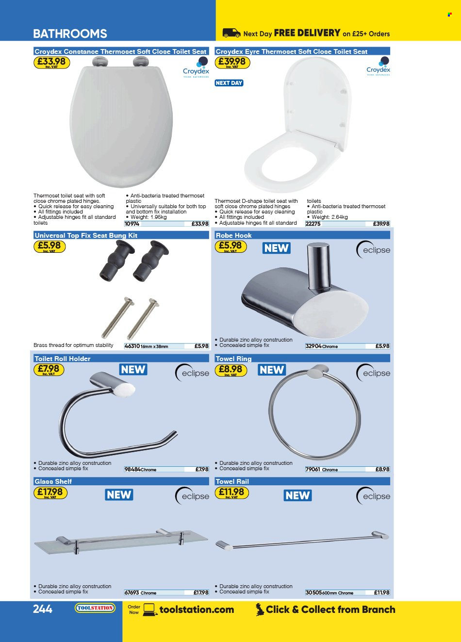 thumbnail - Toolstation offer  - Sales products - toilet seat, holder, hook, toilet roll holder, towel hanger, Eclipse. Page 244.