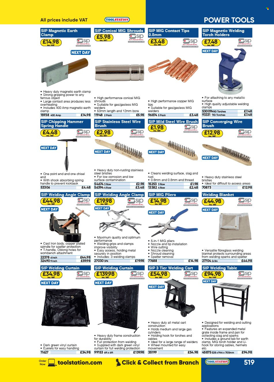 thumbnail - Toolstation offer  - Sales products - holder, hammer, pliers, wire brush, blanket, torch holder, cart. Page 519.
